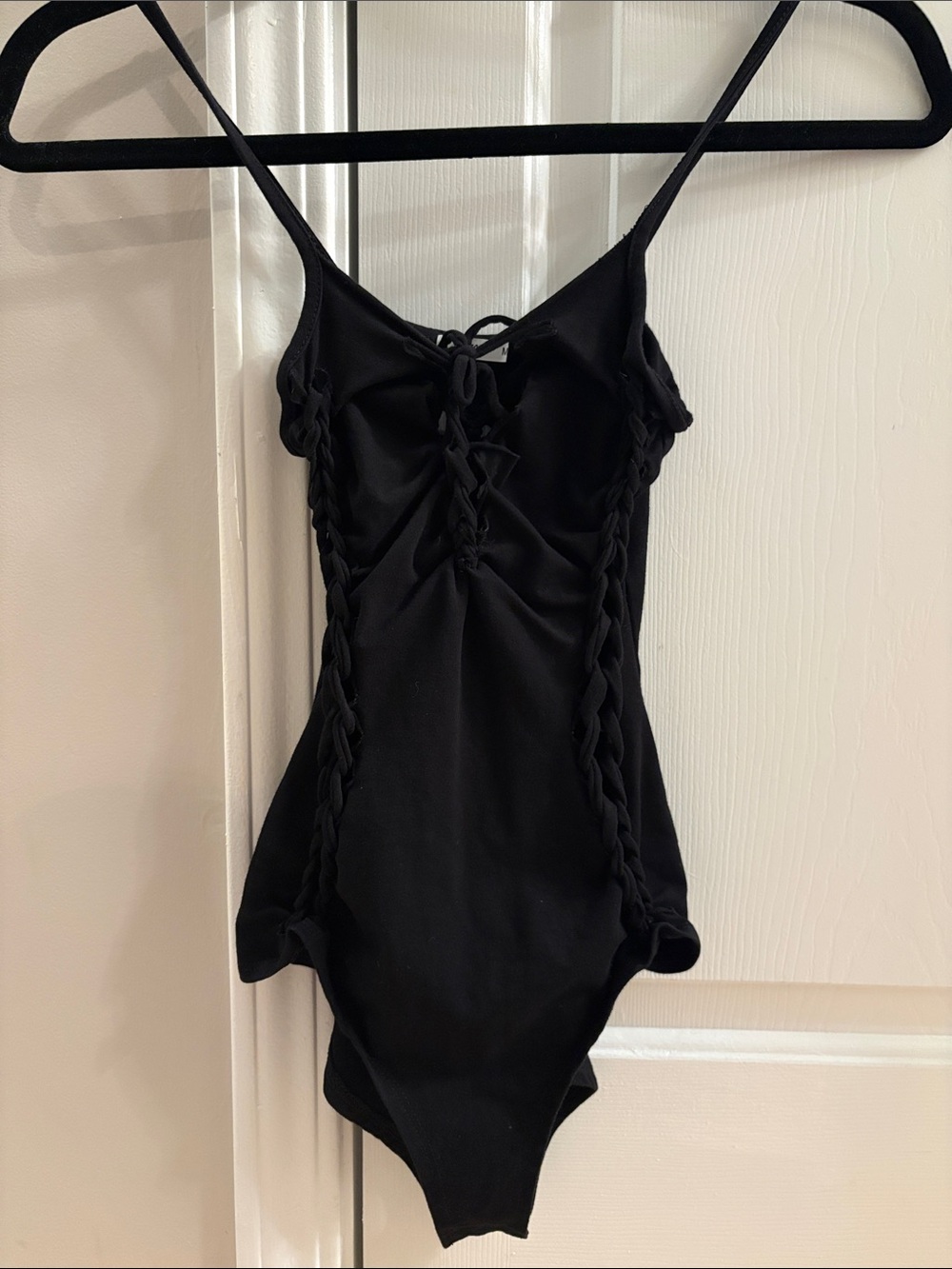 Black Lace-Up One-Piece Slit Weave Bodysuit